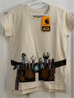 NWT Carhartt Girl Cream Tee with Tool Belt Graphic Short Sleeves 100% Cotton